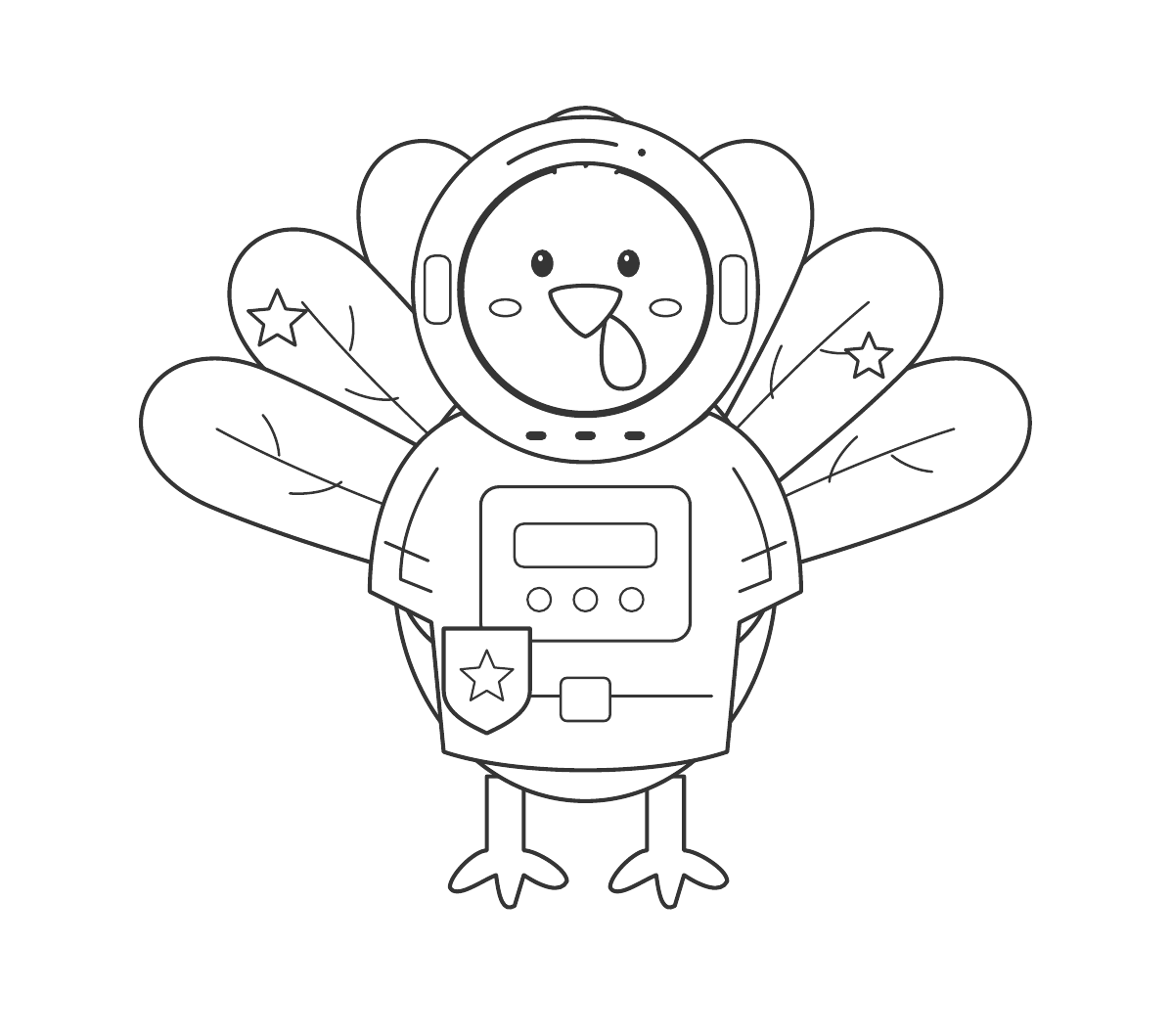 Black-and-white printable turkey wearing a round astronaut helmet and a spacesuit, with seven fan feathers.