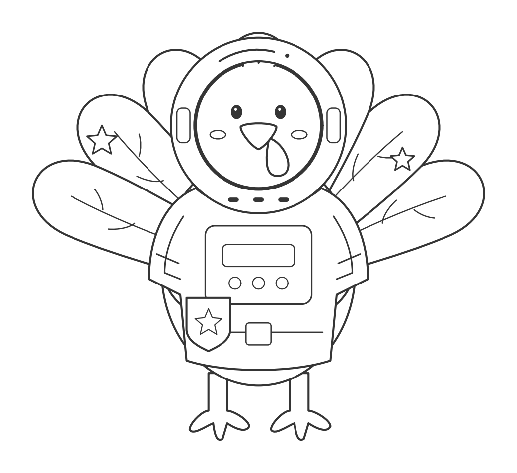 Assembled preview of the black-and-white astronaut turkey printable